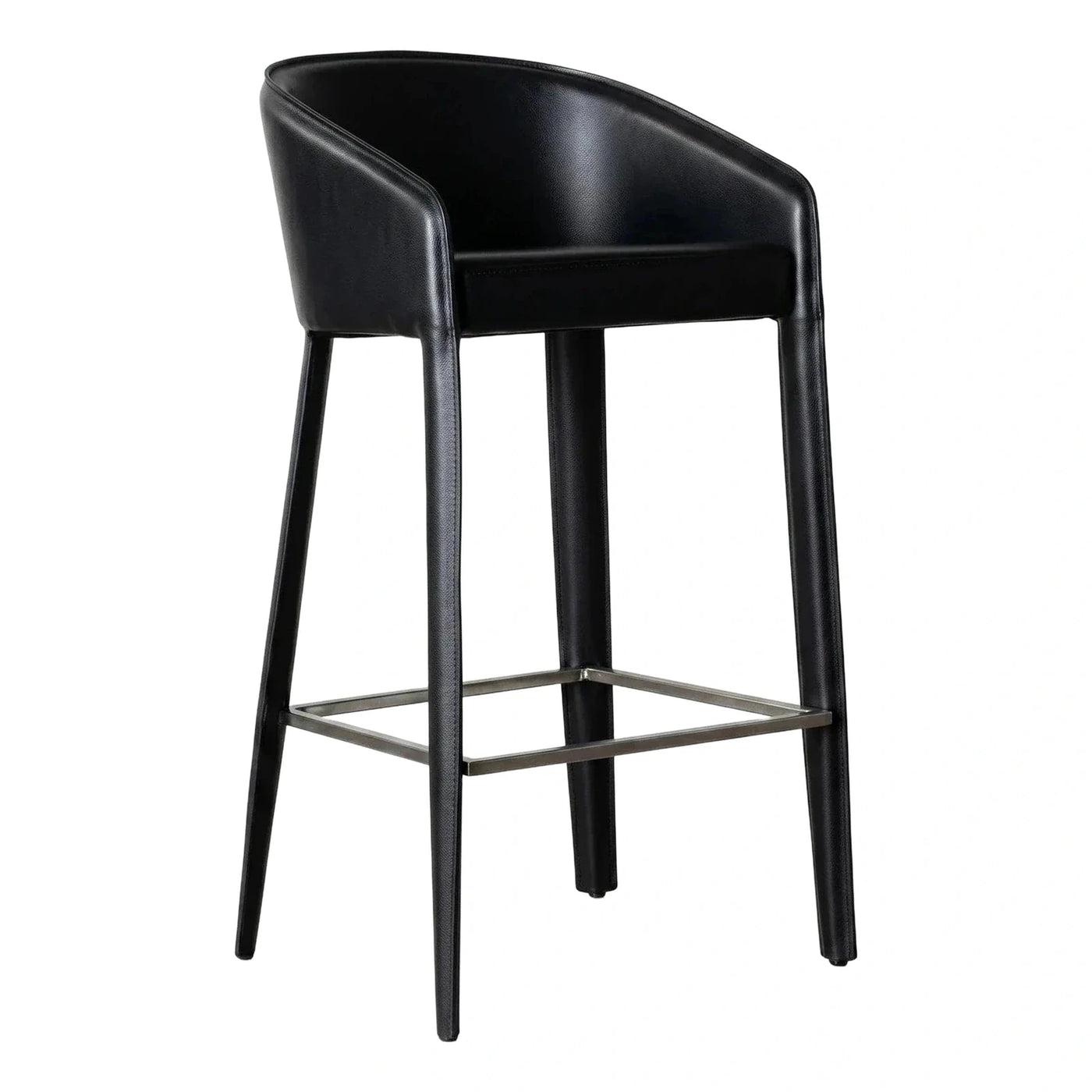 Modern Black Leather Bar Stool with Metal Footrest