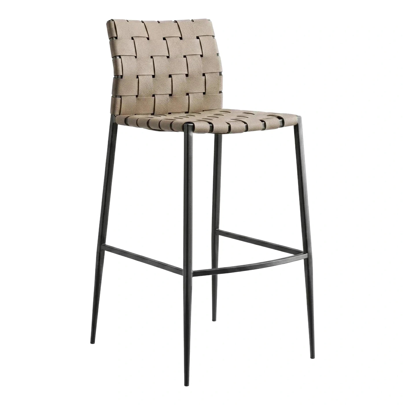 Modern Woven Leather Bar Stool with Black Metal Frame