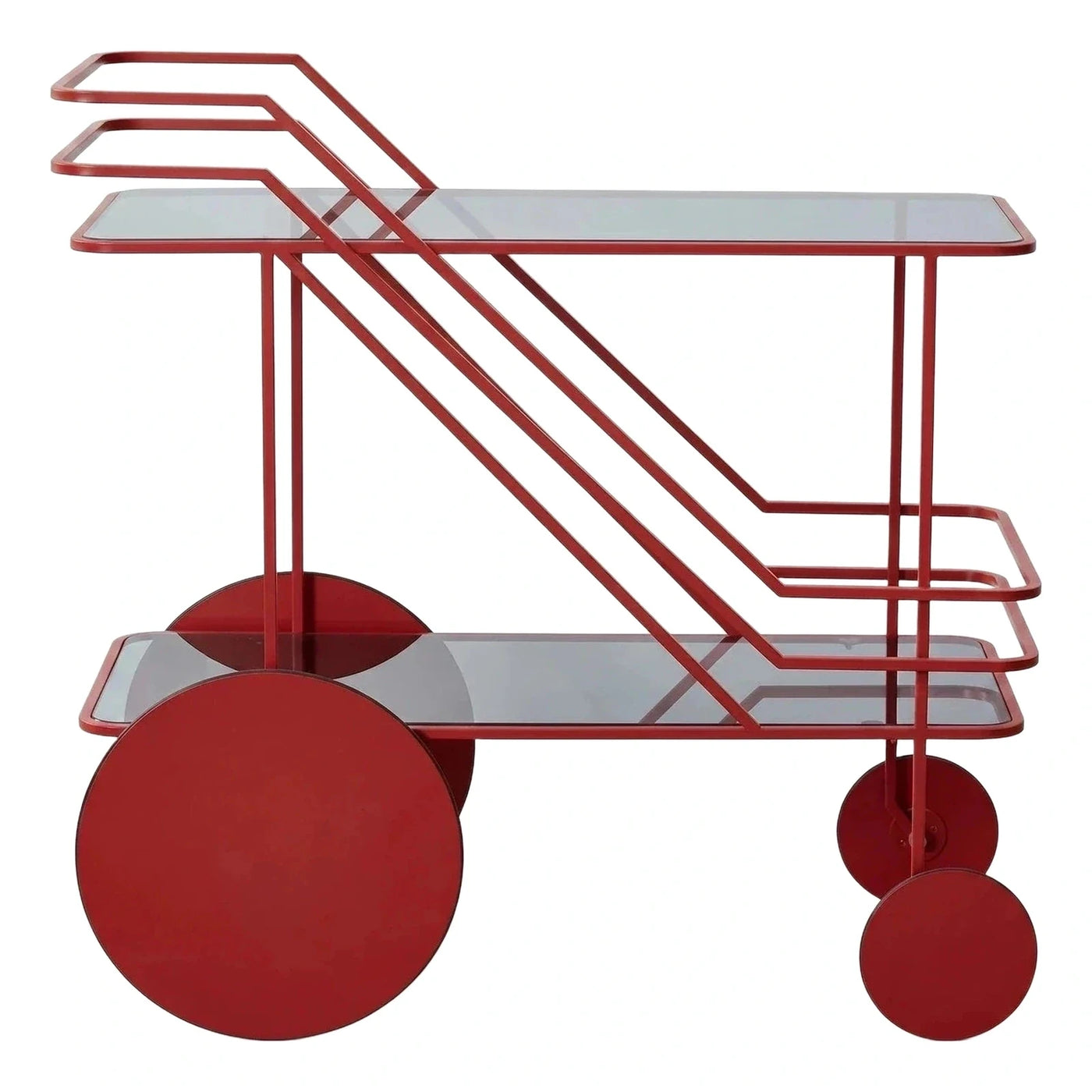 Modern Red Metal Bar Cart with Glass Shelves