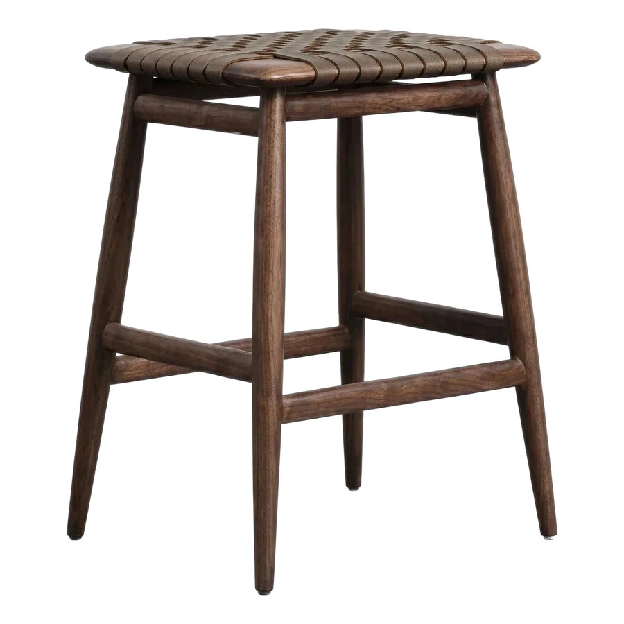Dark Wood Bar Stool with Woven Leather Seat
