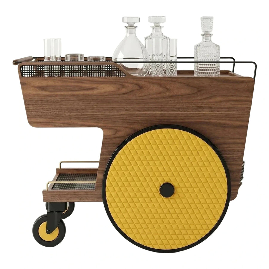 Modern Wooden Bar Cart with Oversized Yellow Wheels