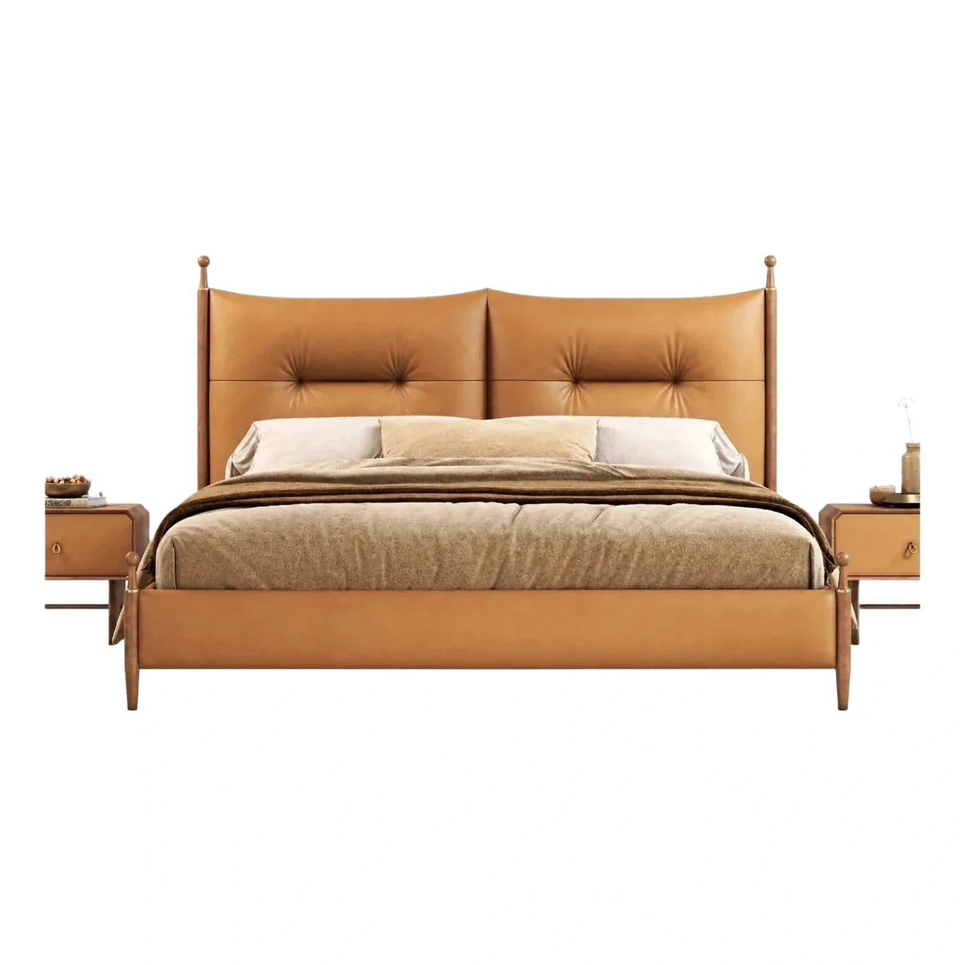 Caramel Leather Upholstered Platform Bed with Tufted Headboard