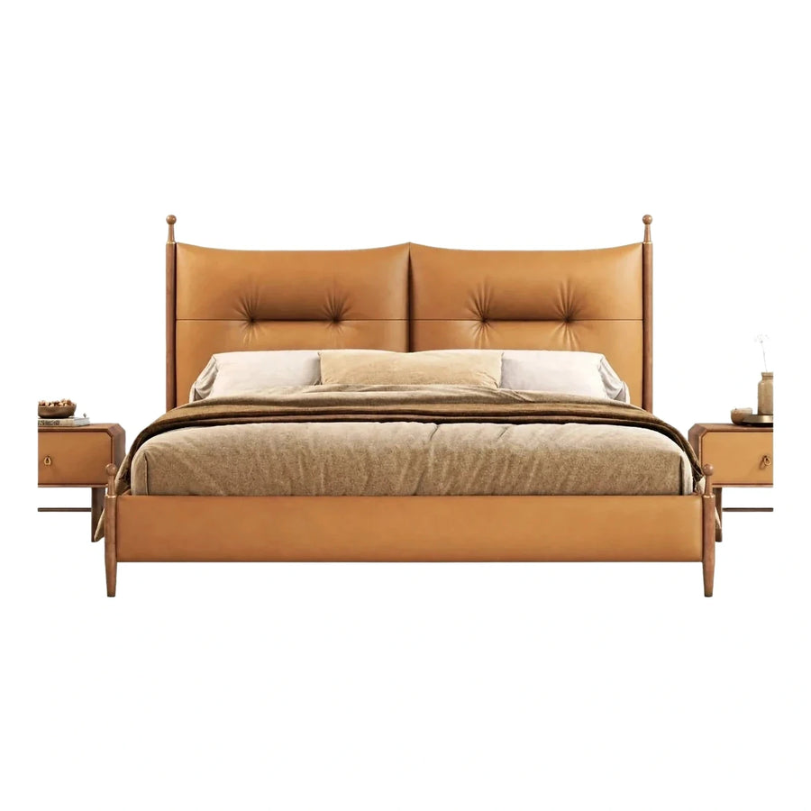 Caramel Leather Upholstered Platform Bed with Tufted Headboard