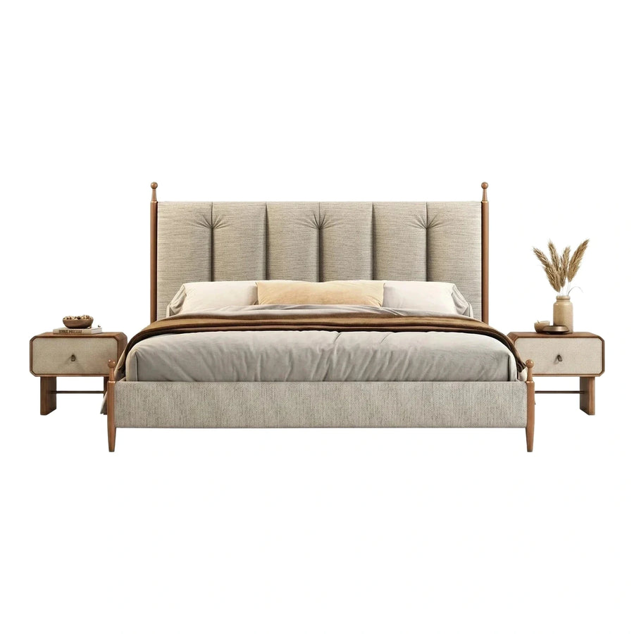Beige Upholstered Bed with Turned Wood Posts