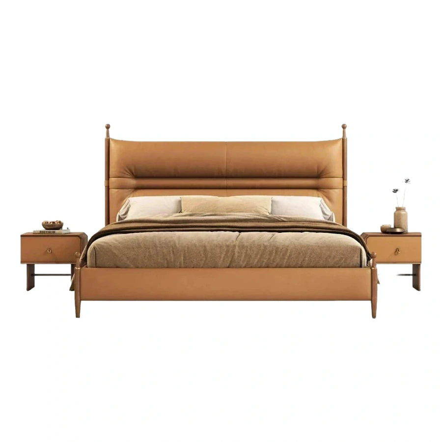 Modern Tan Leather Upholstered Platform Bed Frame