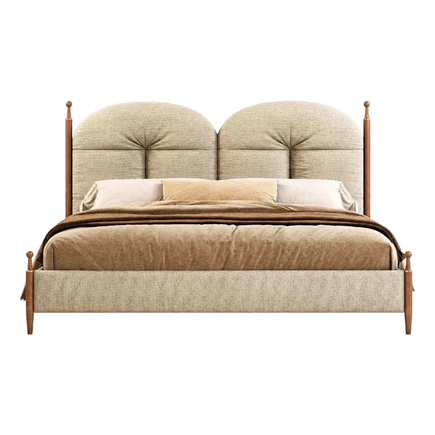 Beige Upholstered Bed with Scalloped Headboard and Wood Posts
