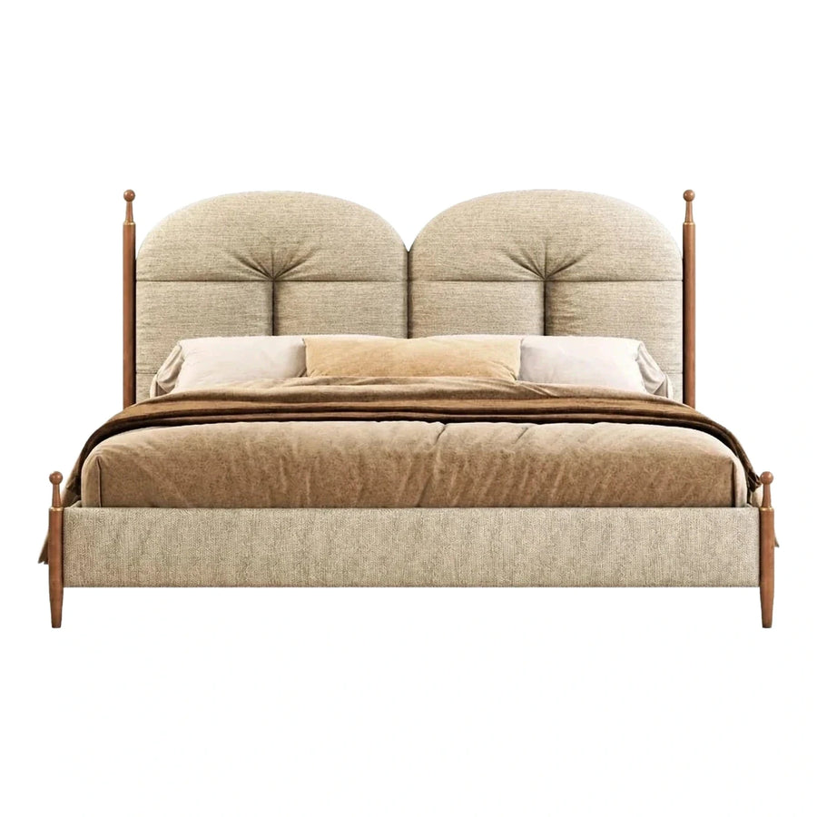 Beige Upholstered Bed with Scalloped Headboard and Wood Posts