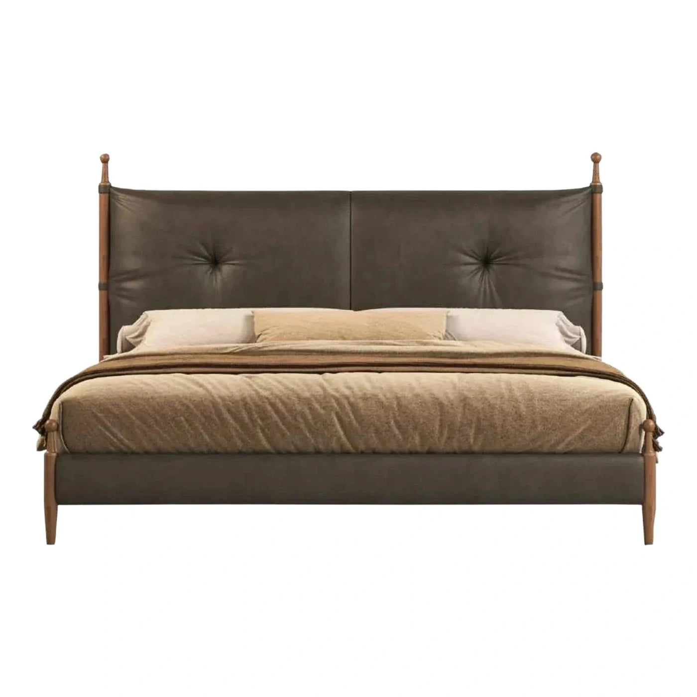Brown Upholstered Platform Bed with Tall Headboard