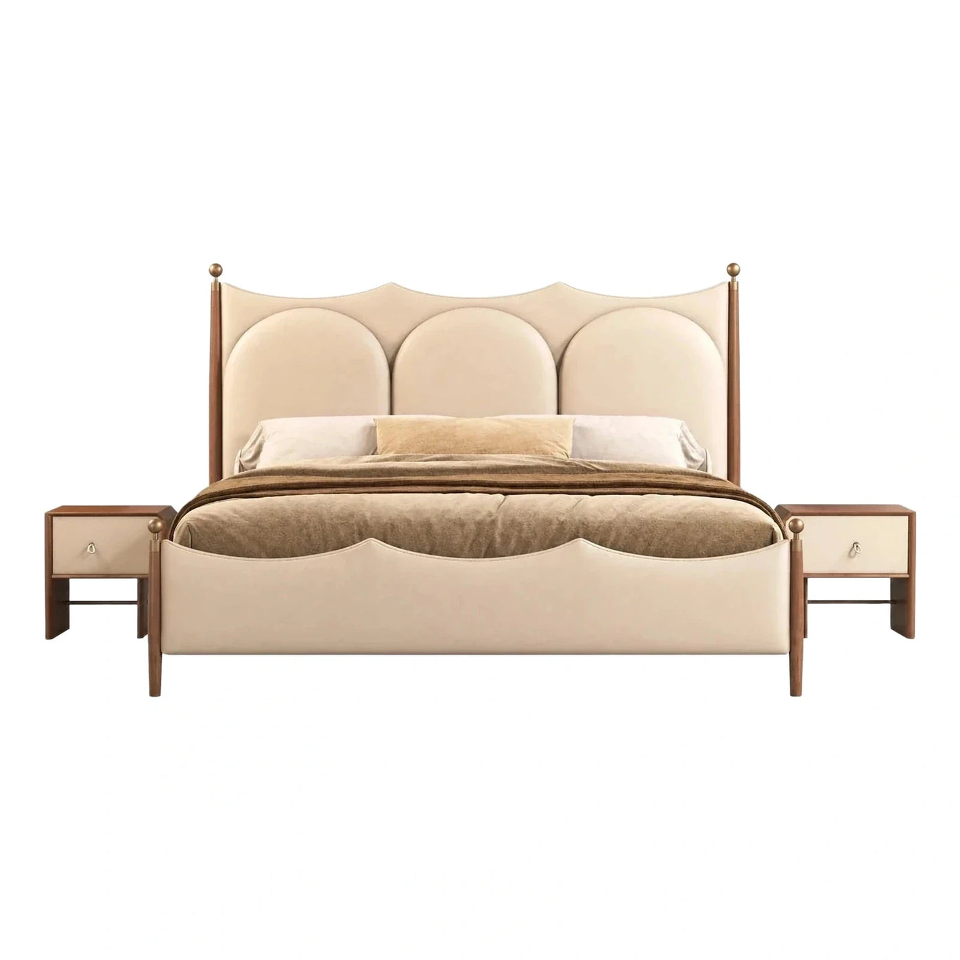 Cream Upholstered Bed with Scalloped Headboard and Wood Posts