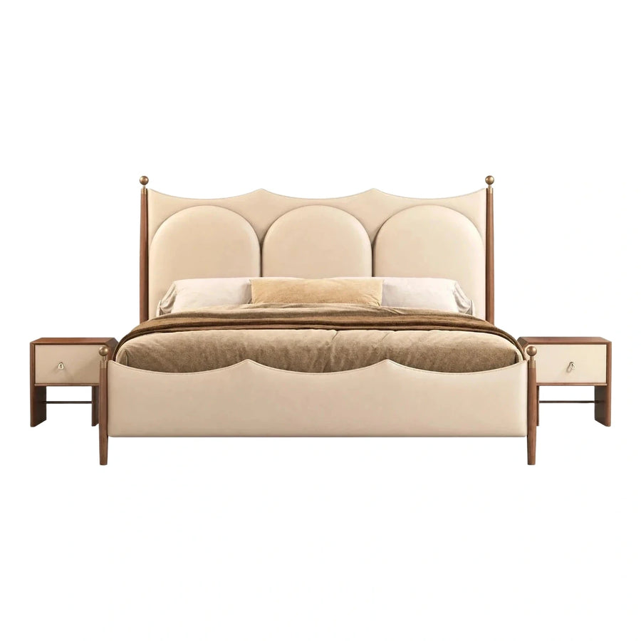 Cream Upholstered Bed with Scalloped Headboard and Wood Posts