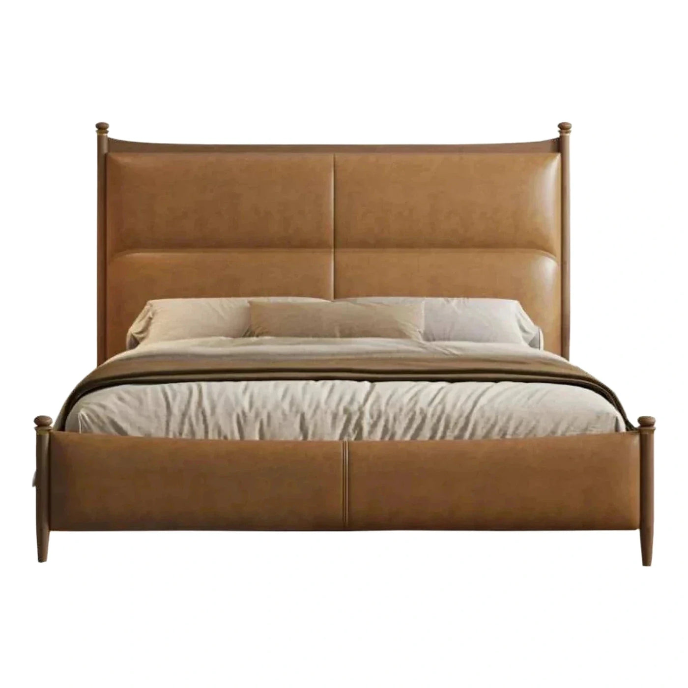 Cognac Leather Upholstered Bed with Wooden Posts
