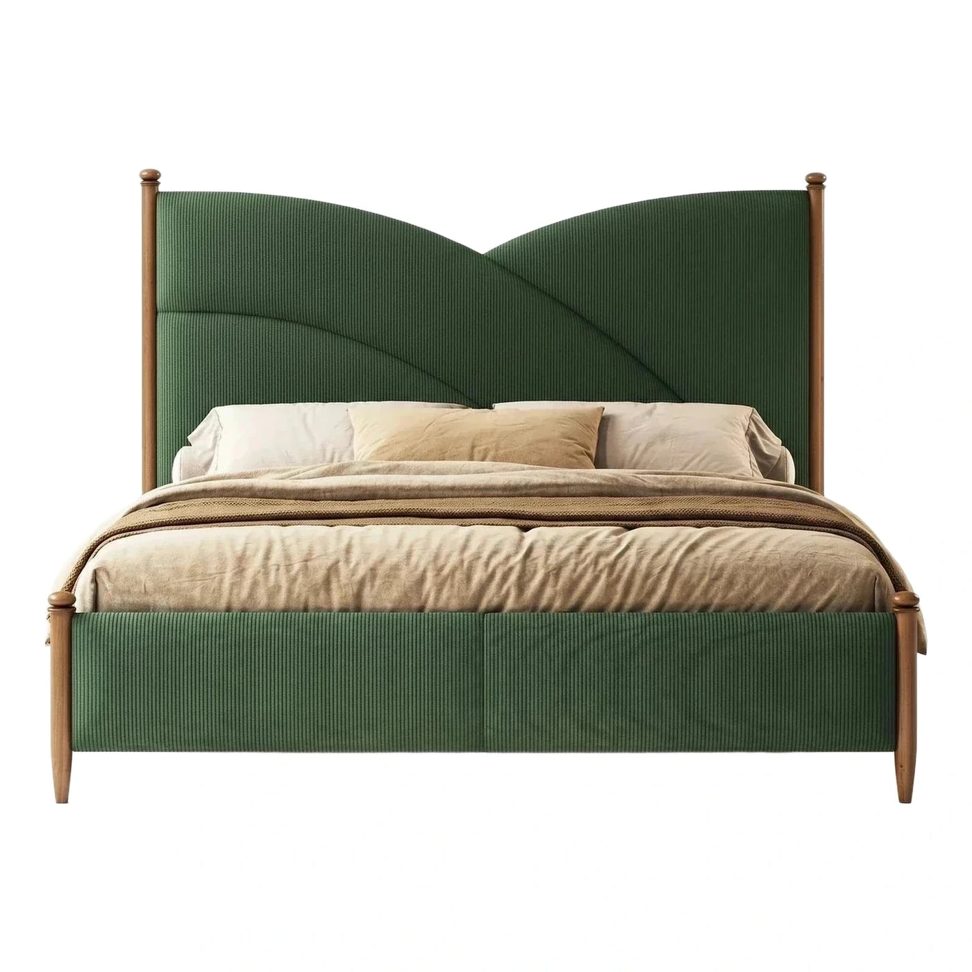 Green Upholstered Bed with Curved Headboard and Wood Frame