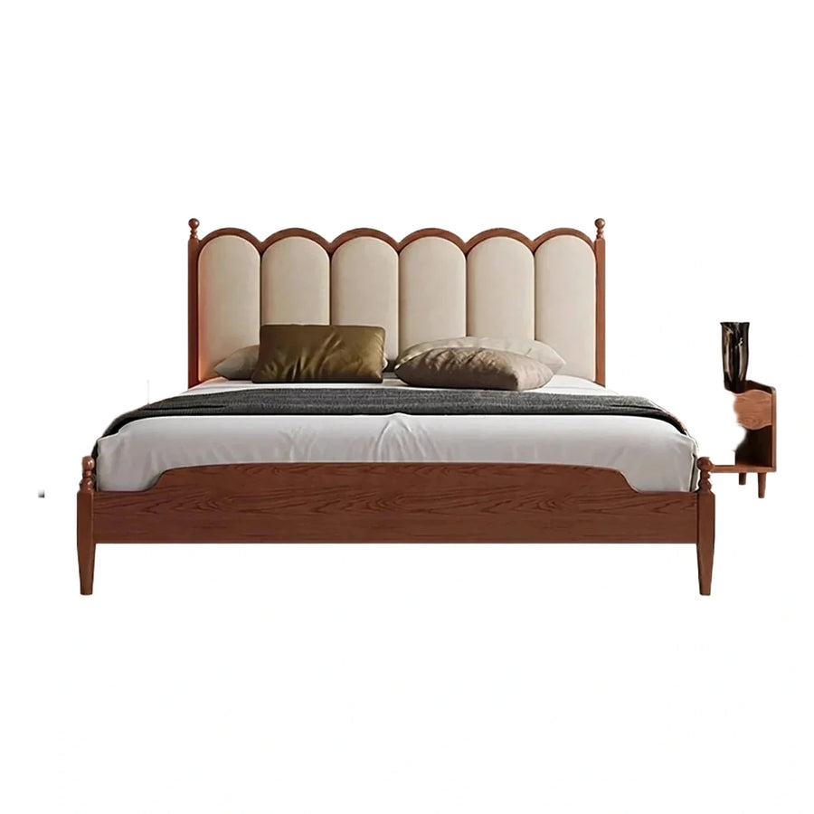 Walnut Wood Bed Frame with Scalloped Cream Headboard