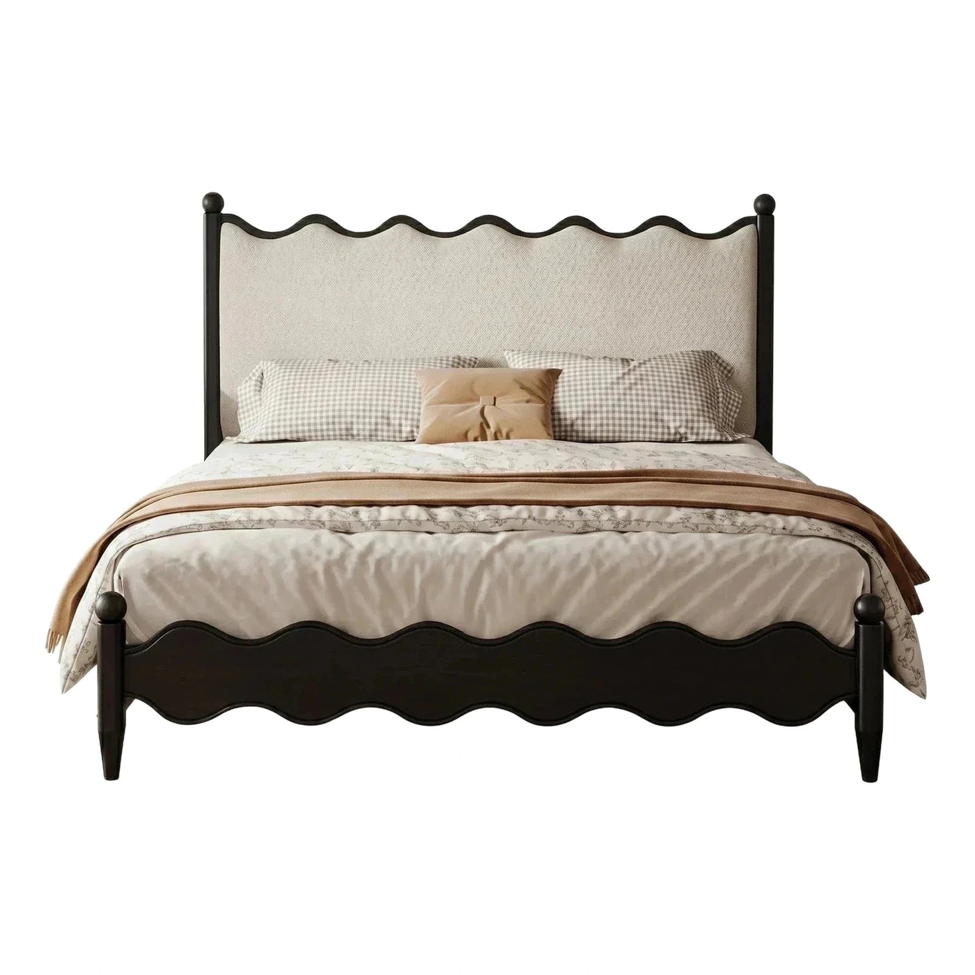 Scalloped Cream Upholstered Bed with Dark Wood Frame