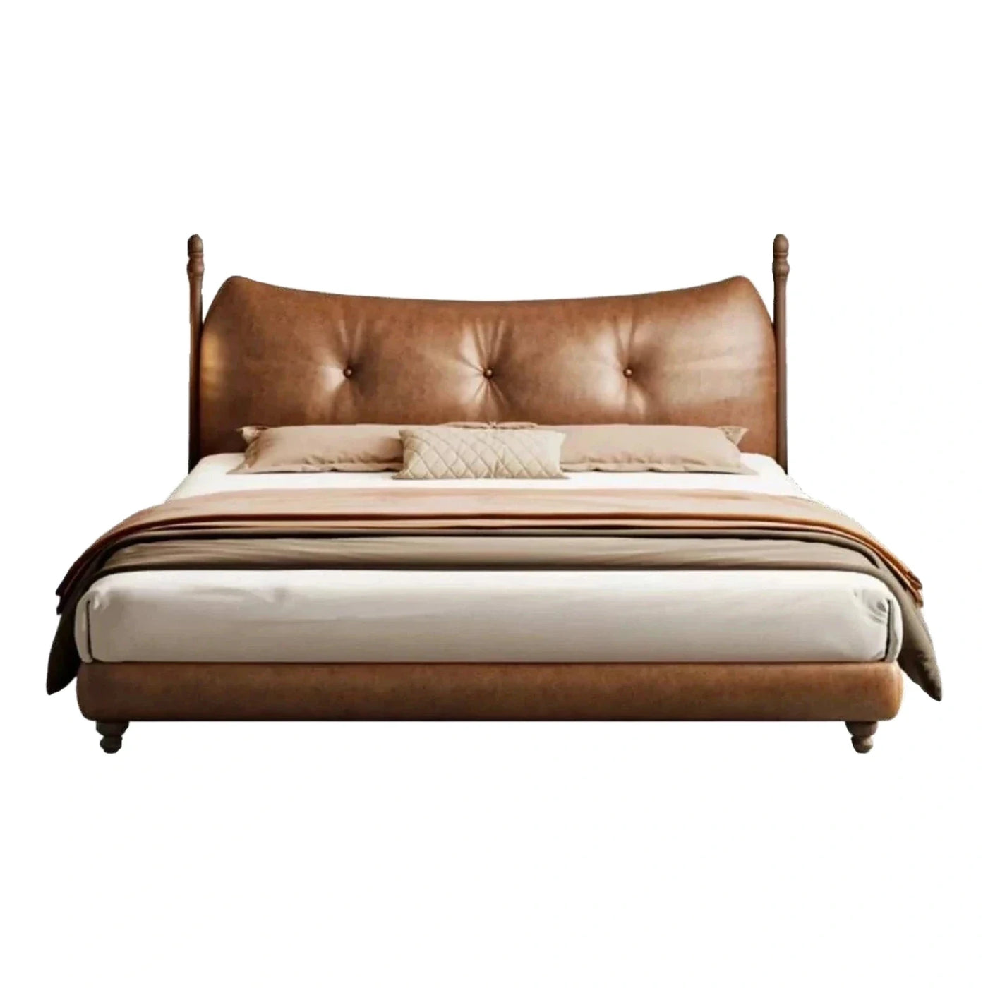 Tufted Brown Leather Bed Frame with Wooden Posts