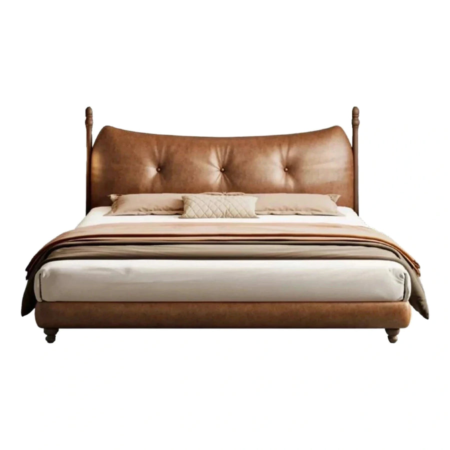 Tufted Brown Leather Bed Frame with Wooden Posts