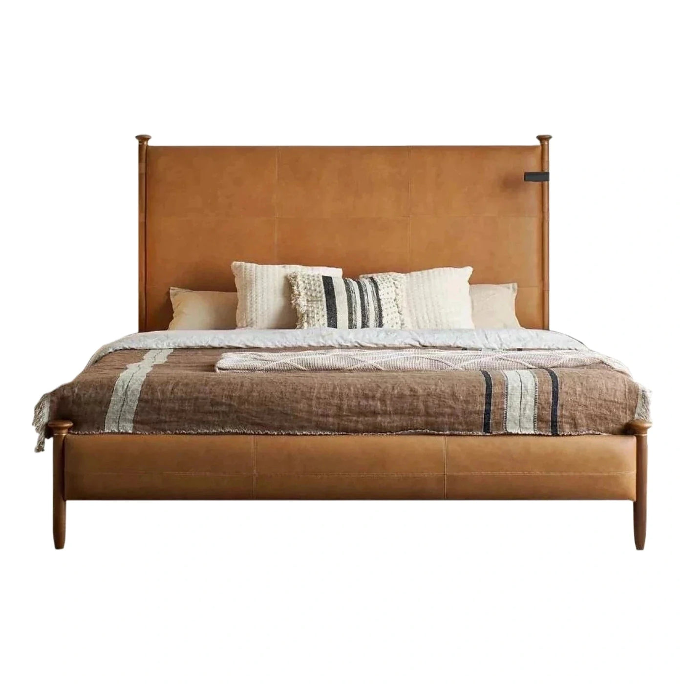 Tan Leather Upholstered Platform Bed With Wooden Posts