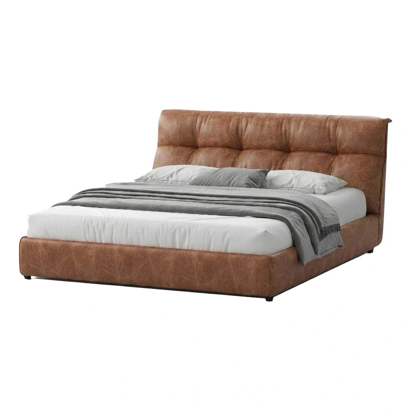 Brown Distressed Leather Platform Bed with Tufted Headboard