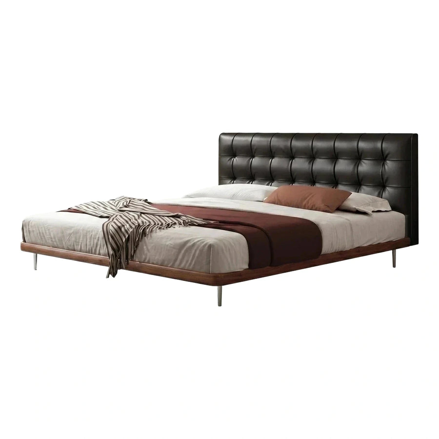 Modern Black Tufted Leather Platform Bed with Wood Base