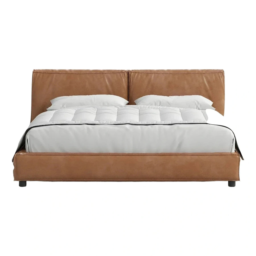 Tan Leather Platform Bed with Split Headboard