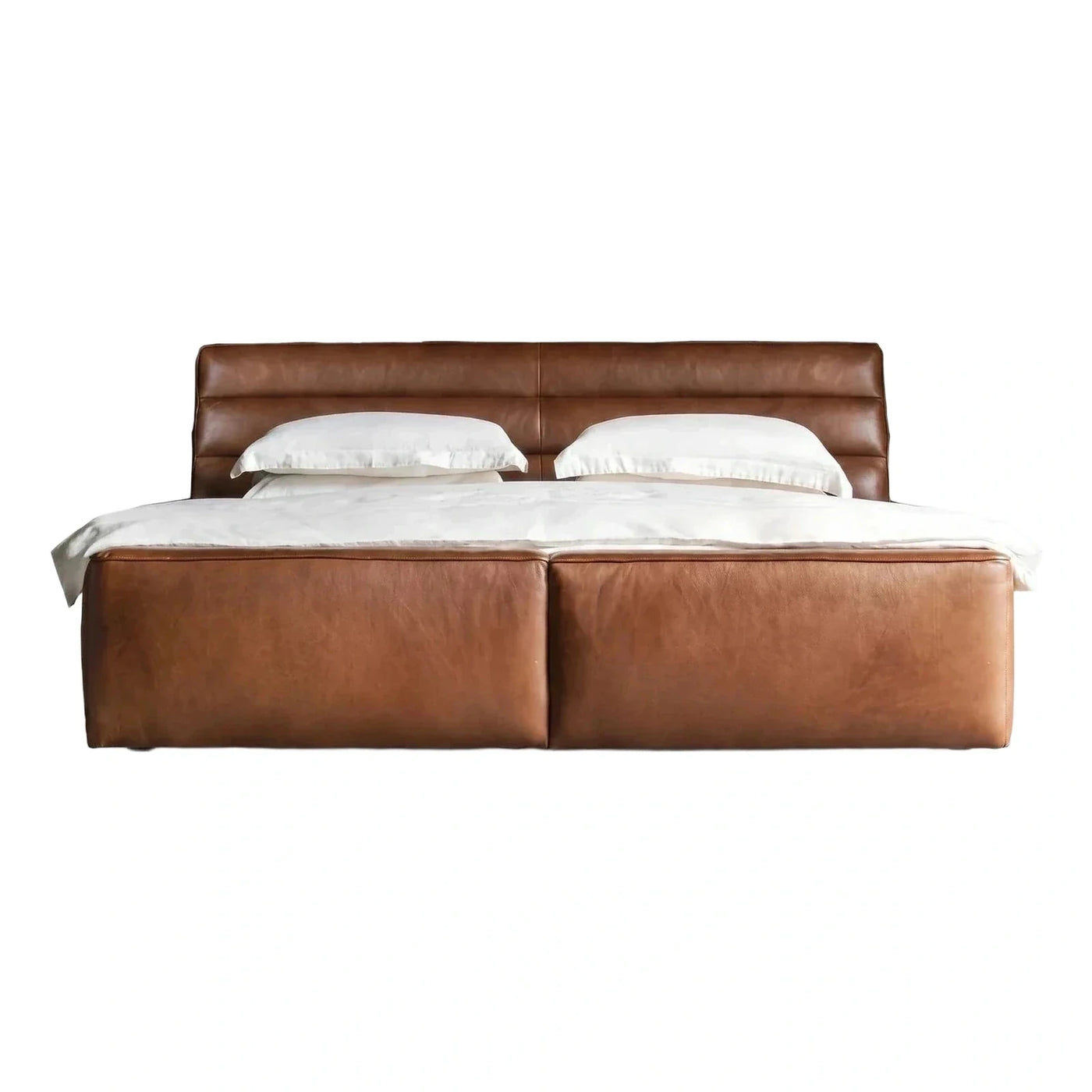 Modern Brown Leather Platform Bed with Padded Headboard
