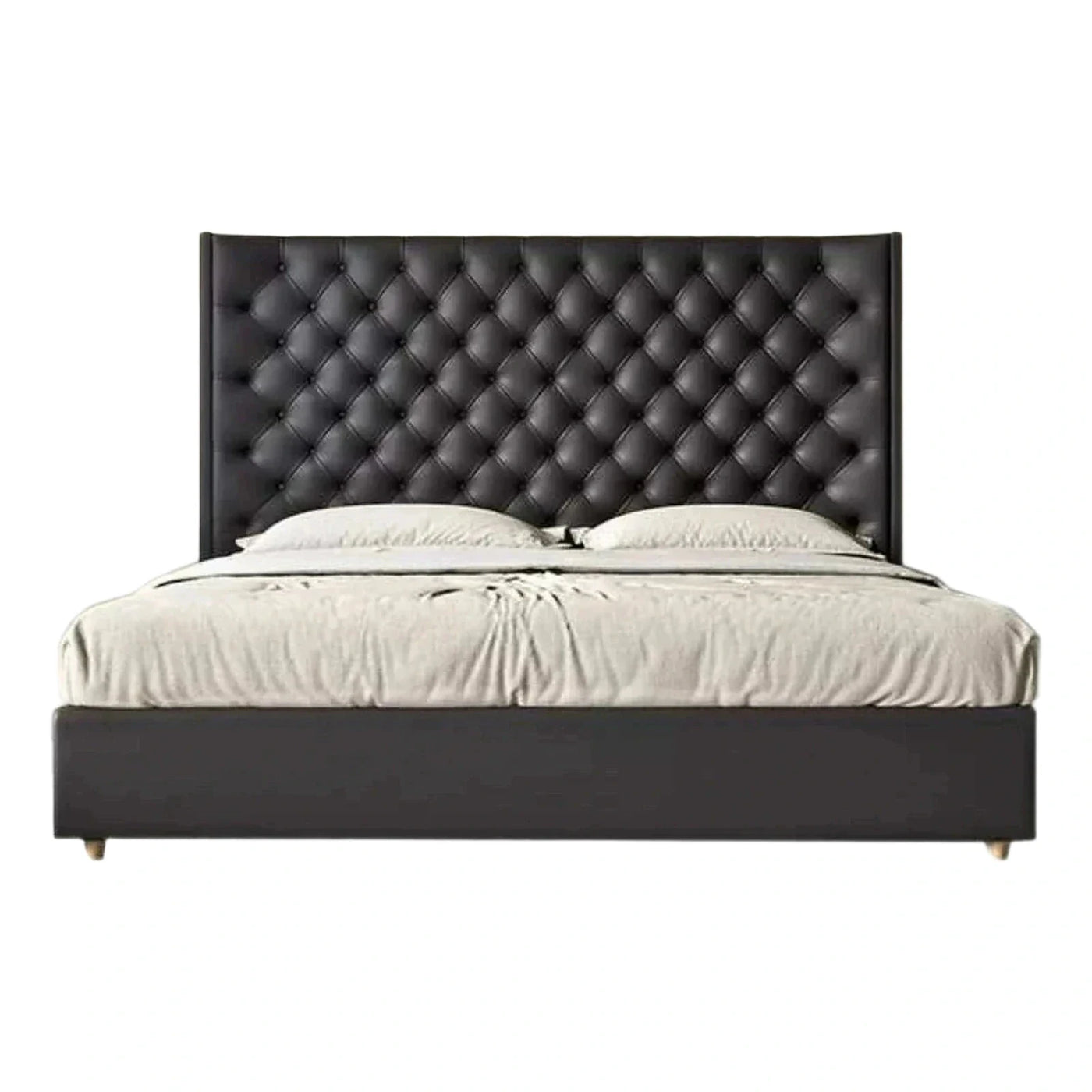 Black Tufted Leather Platform Bed with Tall Headboard