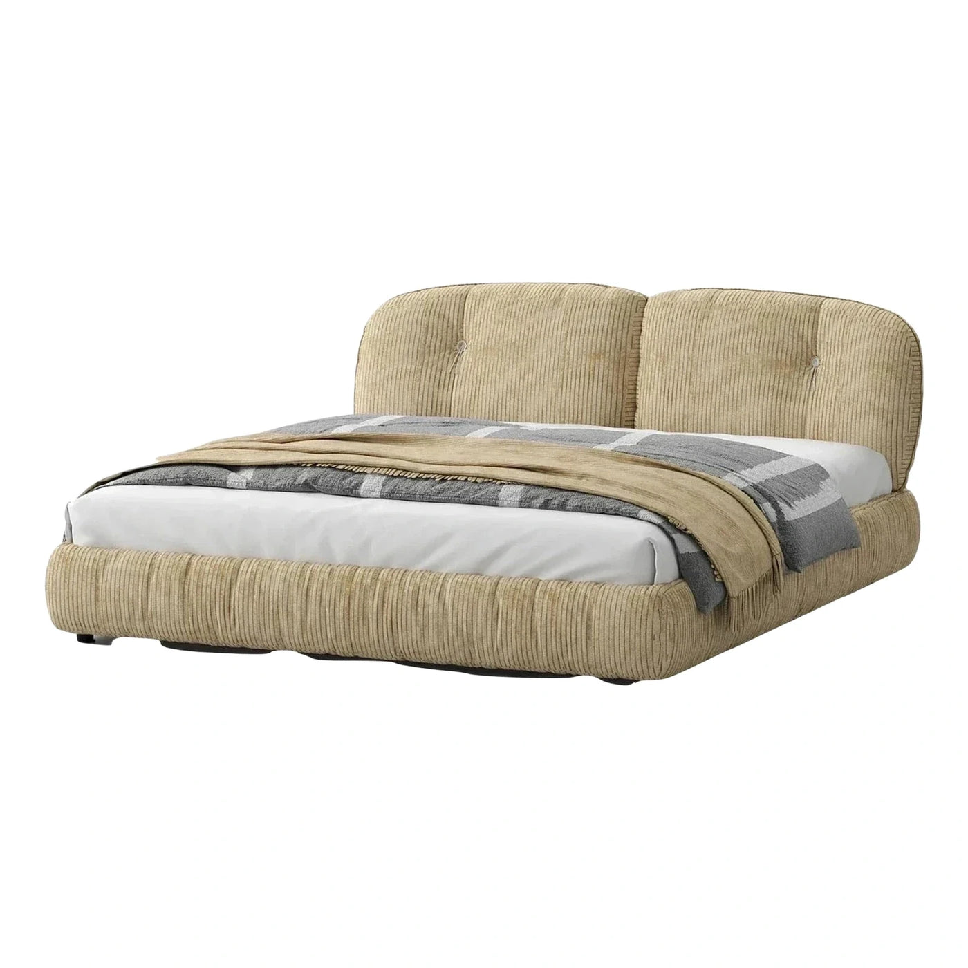 Beige Ribbed Upholstered Platform Bed with Curved Headboard