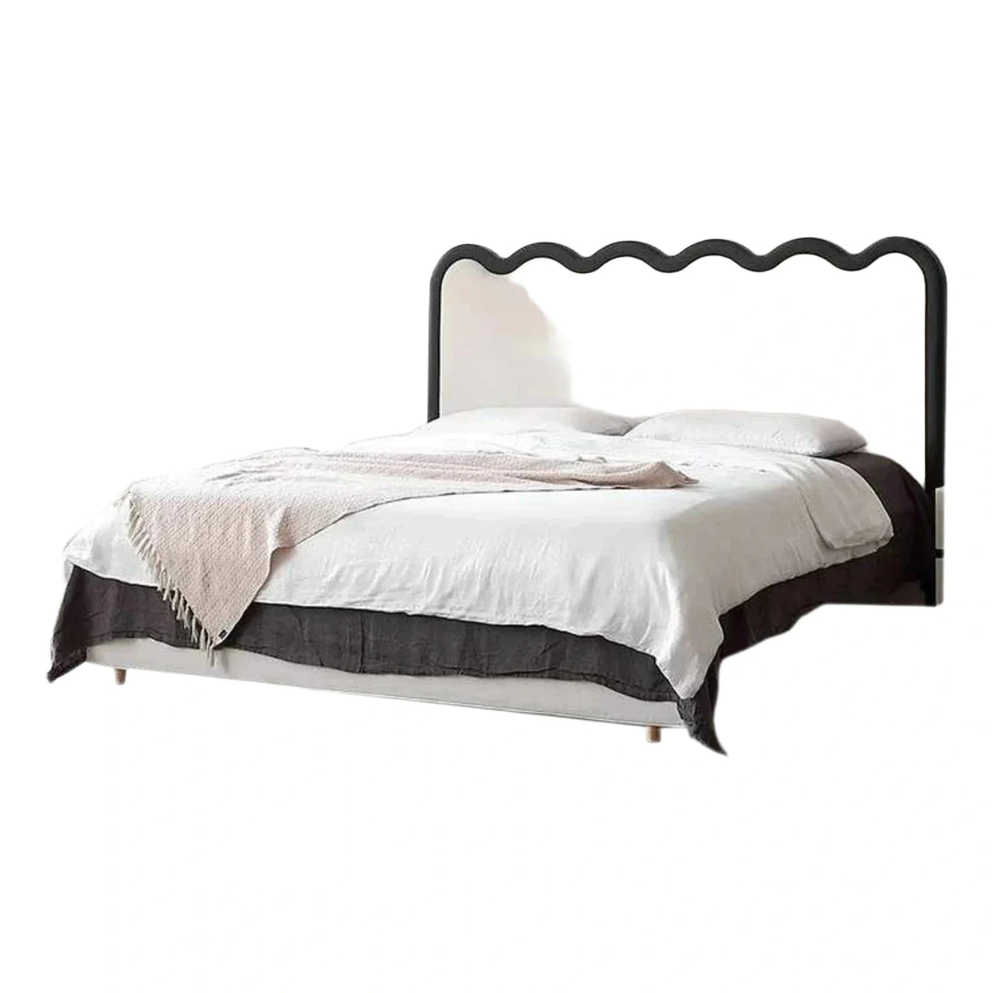 Cream Upholstered Platform Bed with Scalloped Headboard