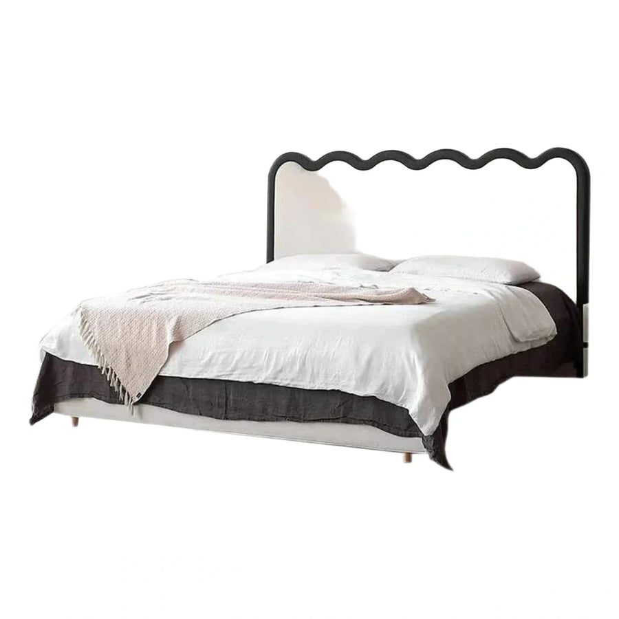 Cream Upholstered Platform Bed with Scalloped Headboard