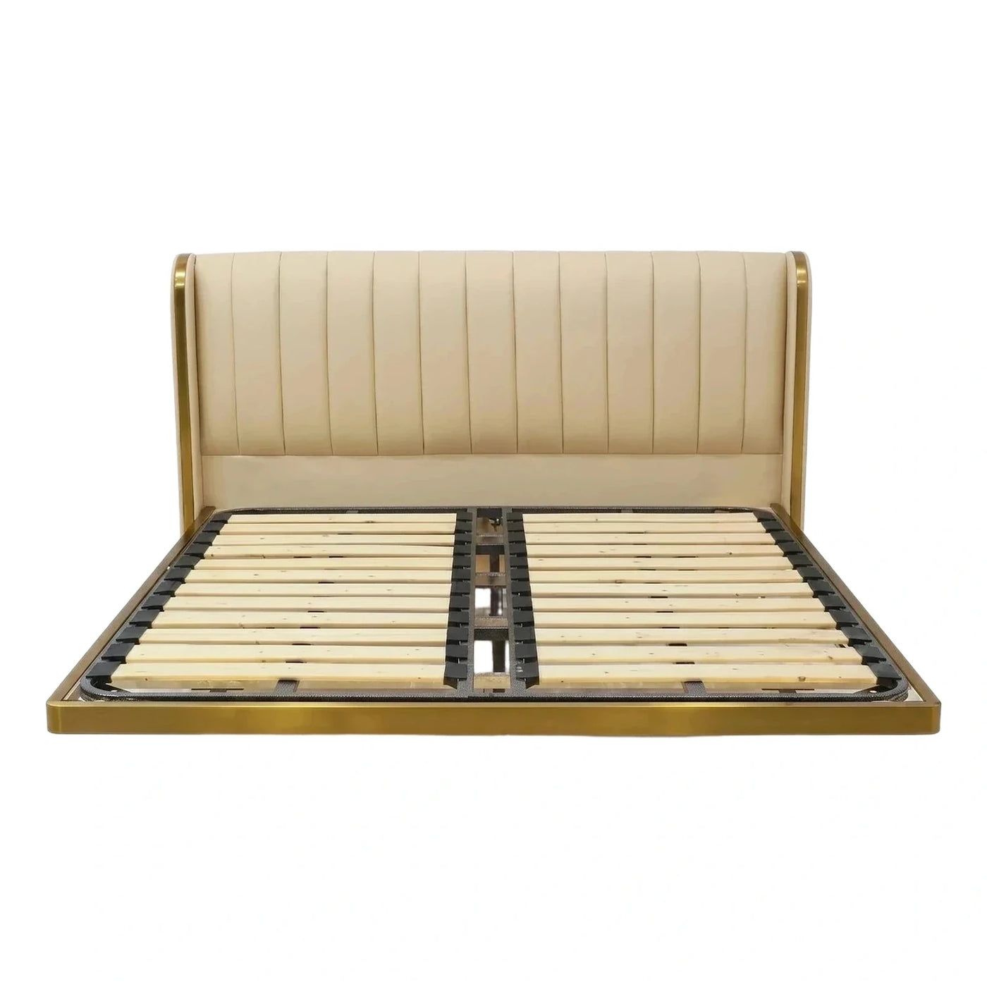 Cream Upholstered Platform Bed with Gold Metal Frame