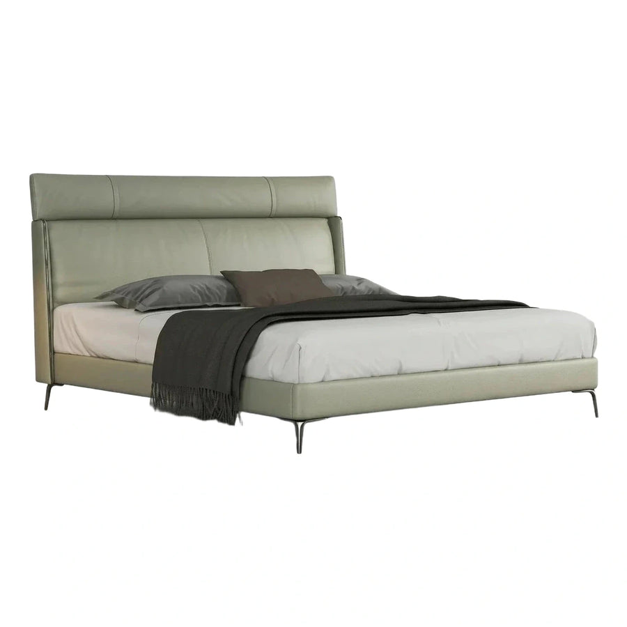 Modern Sage Green Leather Platform Bed with Metal Legs