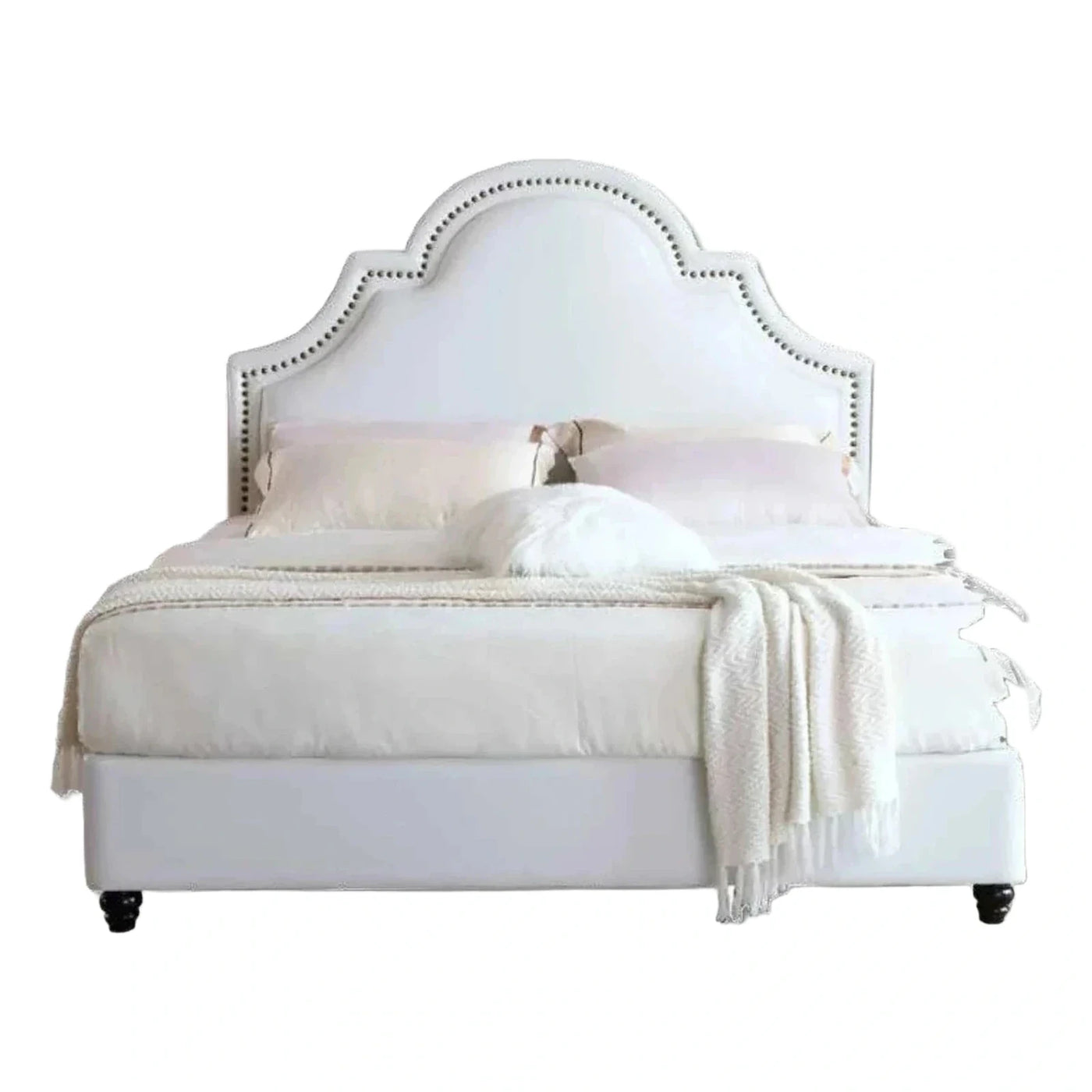White Upholstered Bed with Arched Nailhead Headboard
