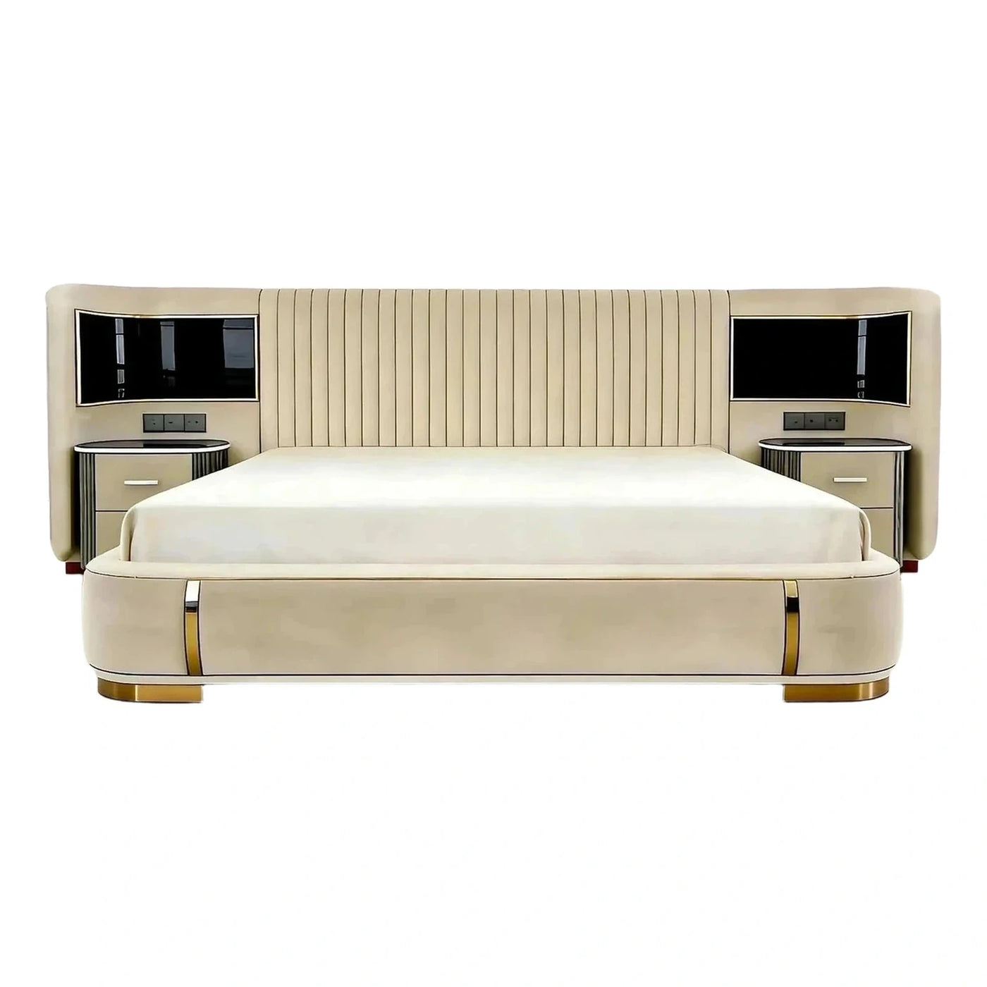 Luxury Cream Upholstered Bed with Integrated Nightstands