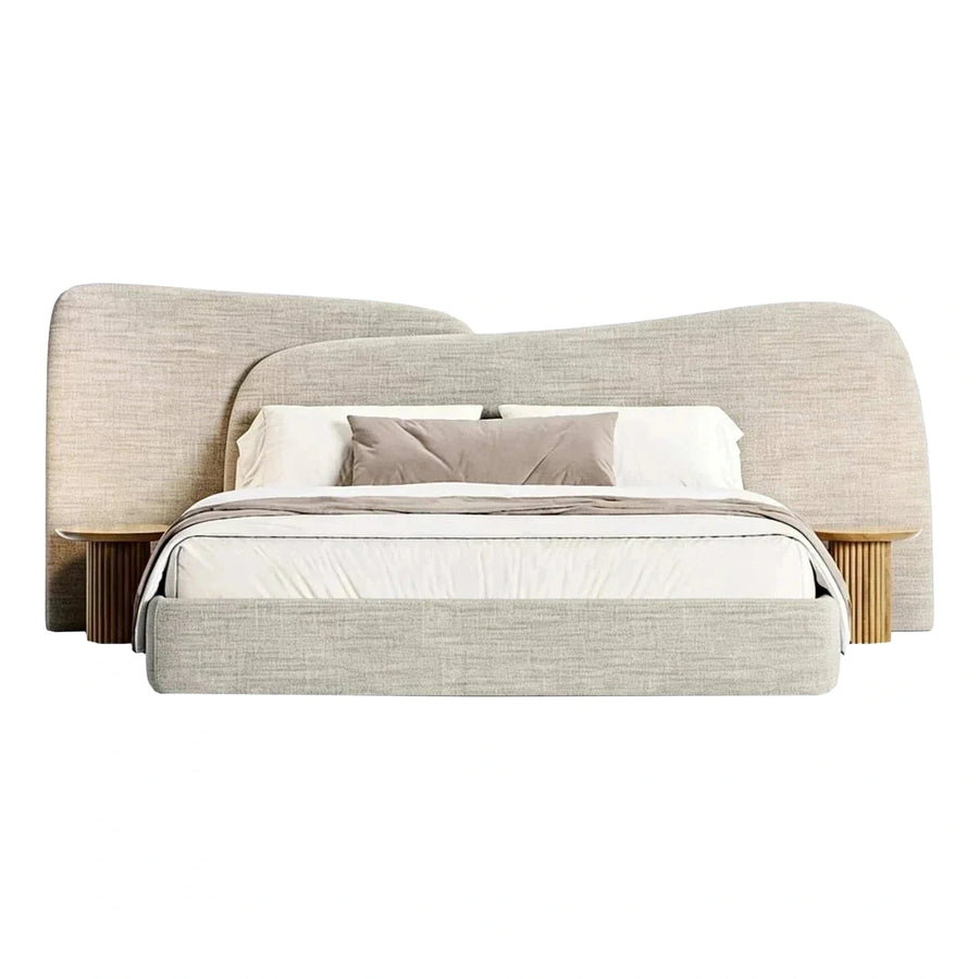 Cream Wavy Upholstered Bed with Integrated Wooden Nightstands