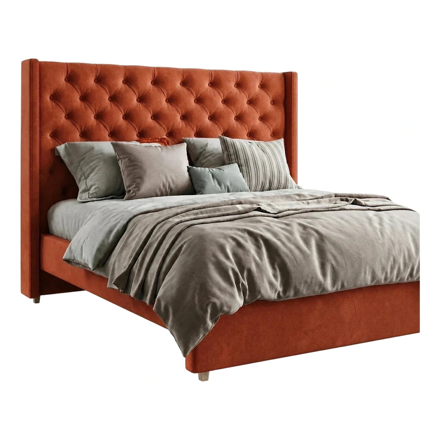 Rust Velvet Tufted Wingback Platform Bed