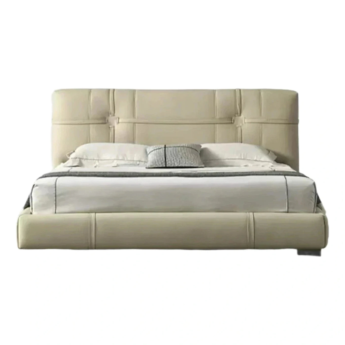 Cream Leather Platform Bed with Stitched Headboard