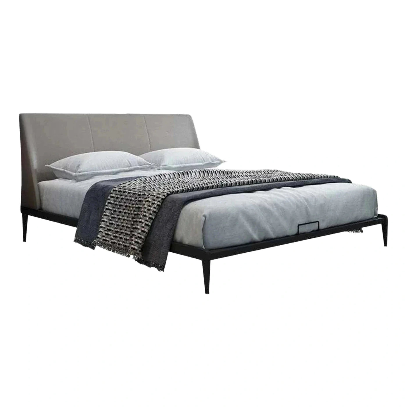 Modern Grey Upholstered Platform Bed with Black Metal Frame