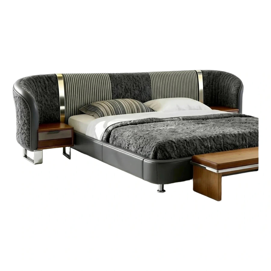 Modern Grey Upholstered Bed with Integrated Nightstands