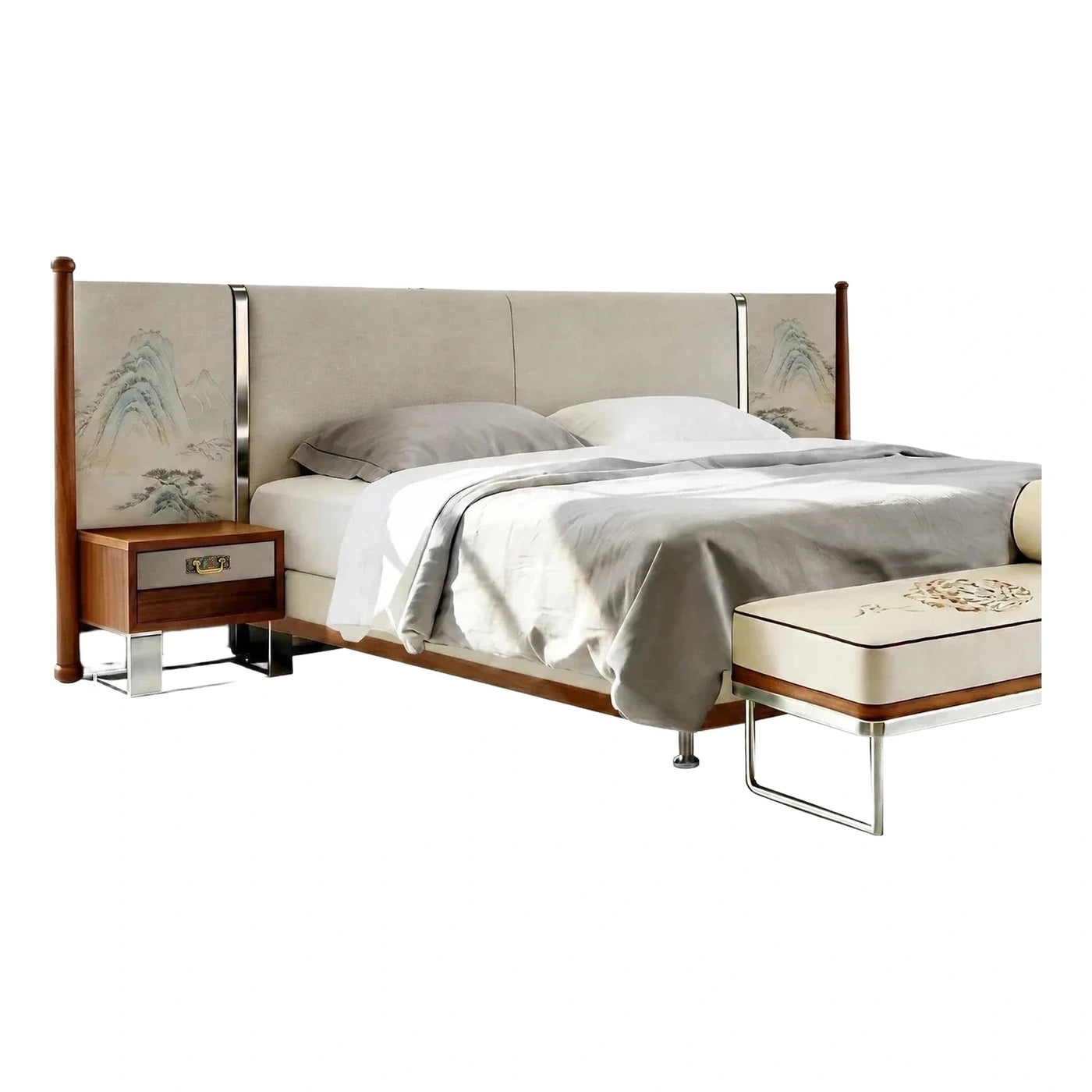 Upholstered Bed with Landscape Headboard and Bench