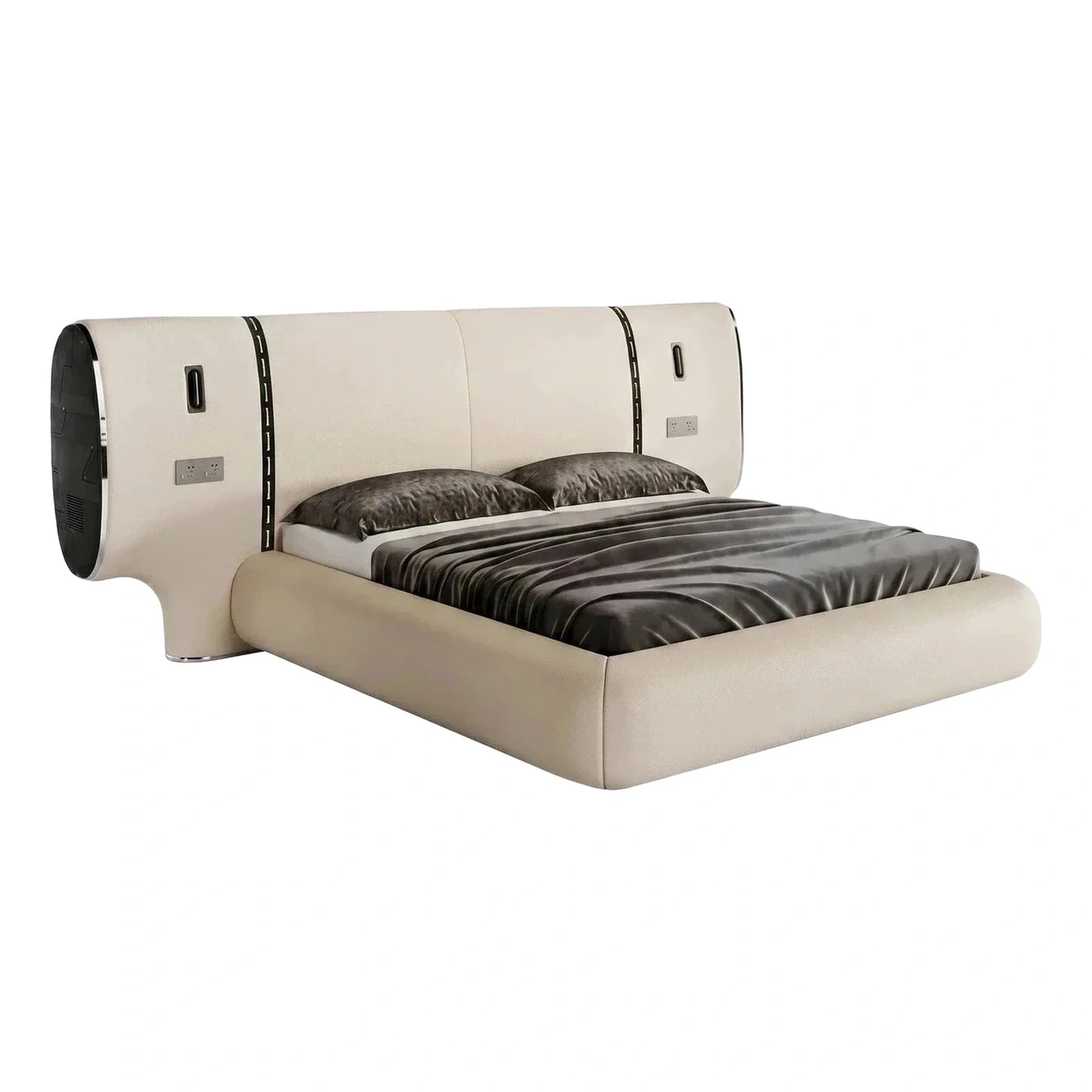 Modern Cream Leather Platform Bed With Integrated Headboard