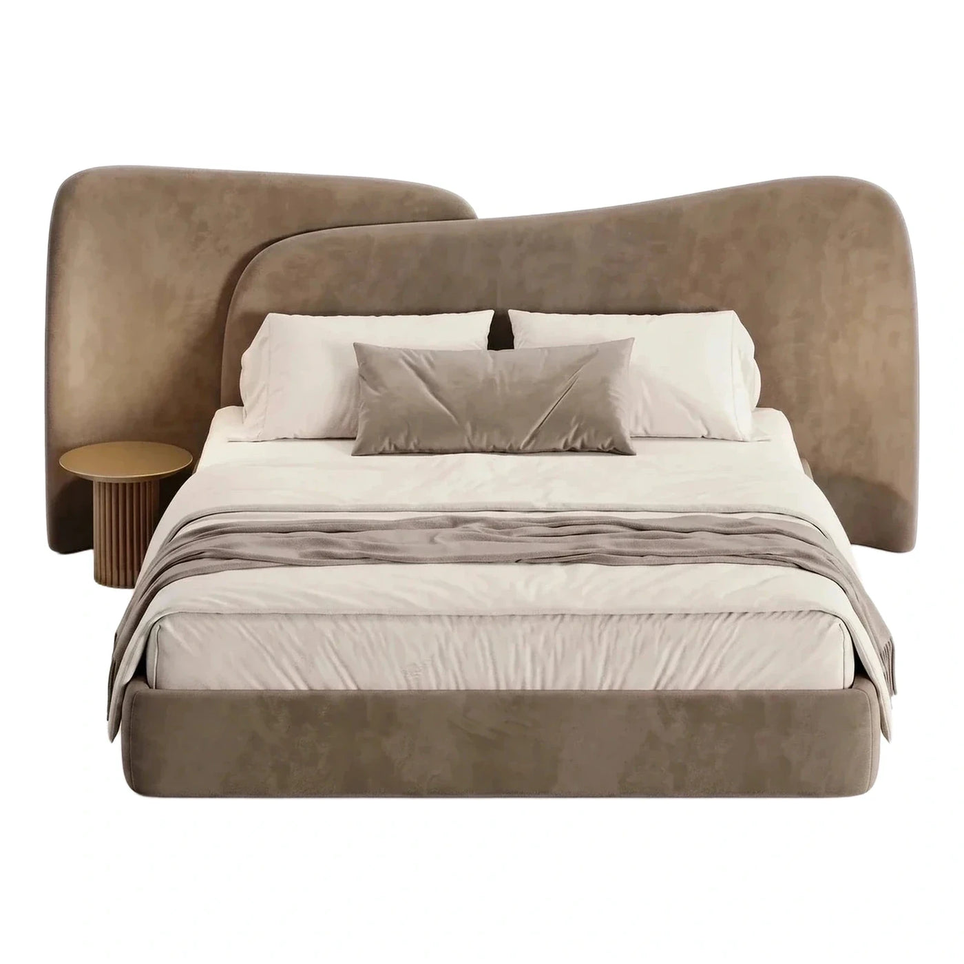 Taupe Upholstered Platform Bed with Sculptural Headboard