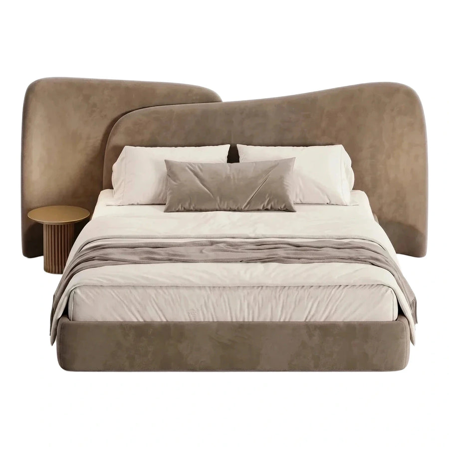 Taupe Upholstered Platform Bed with Sculptural Headboard