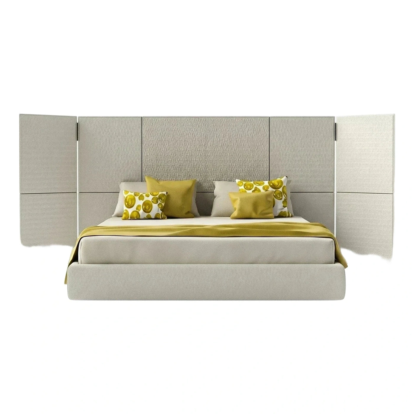 Modern Beige Upholstered Bed with Wide Winged Headboard