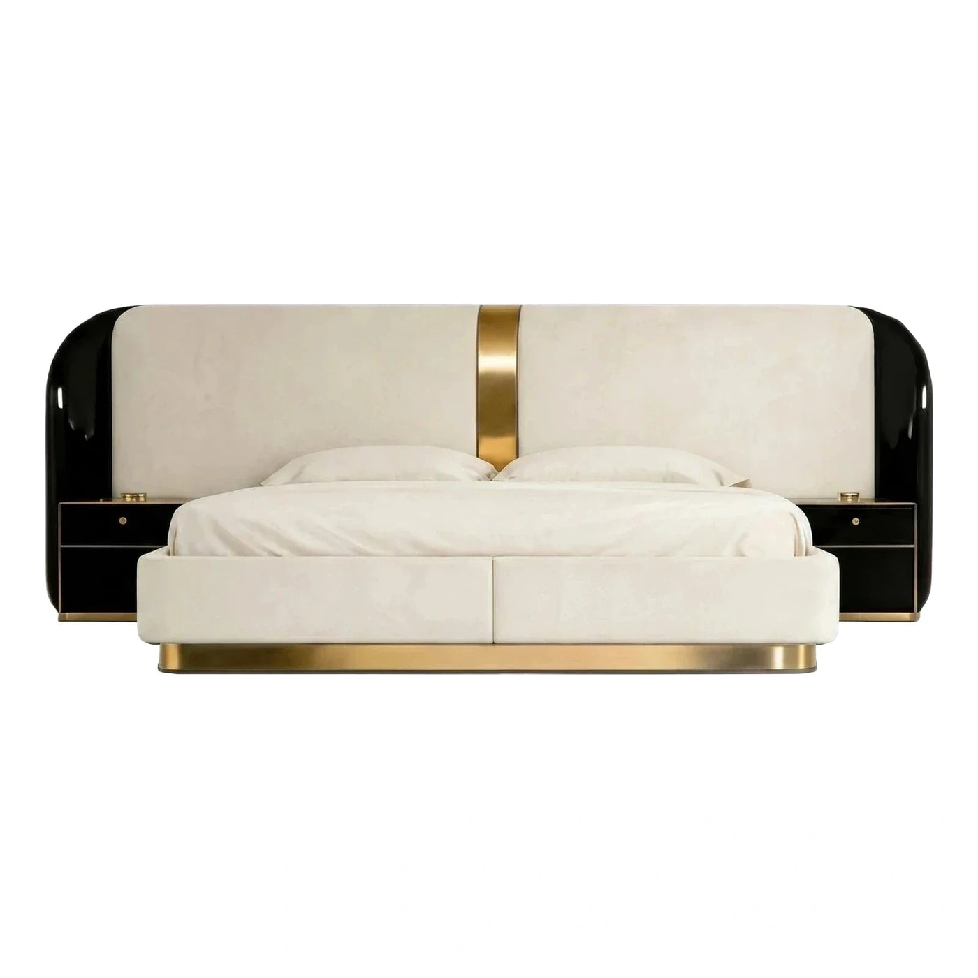 Luxury Cream Velvet Bed with Black Lacquer Nightstands