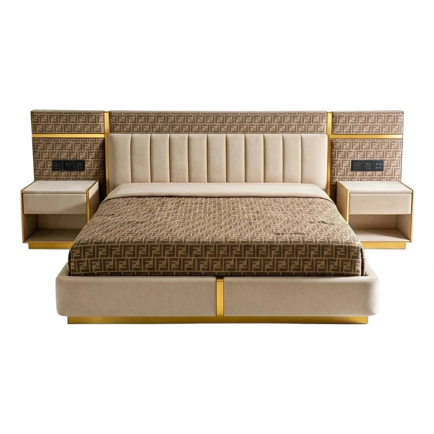 Luxury Beige Upholstered Bed with Integrated Nightstands