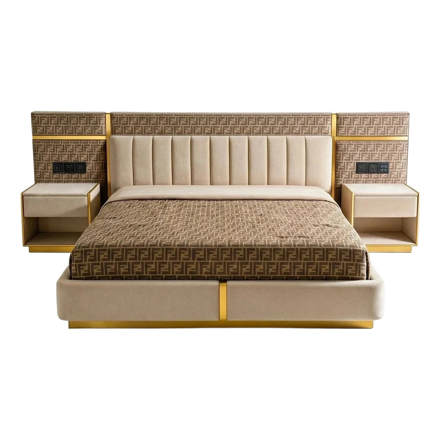 Luxury Beige Upholstered Bed with Integrated Nightstands