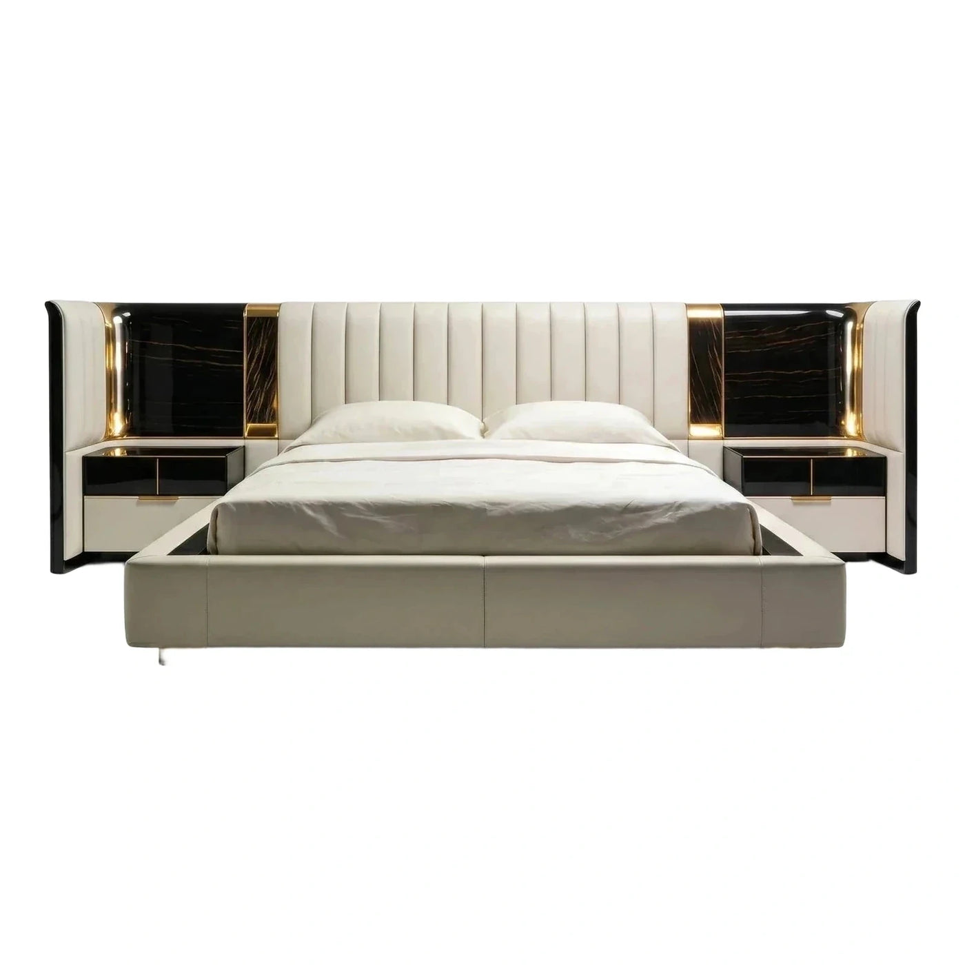 Luxury Cream Leather Bed with Black Marble Accents