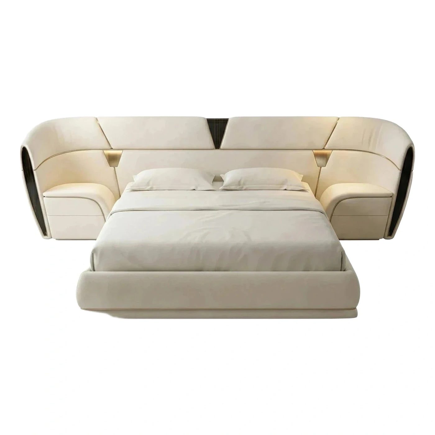 Cream Leather Bed with Integrated Nightstands and Gold Accents