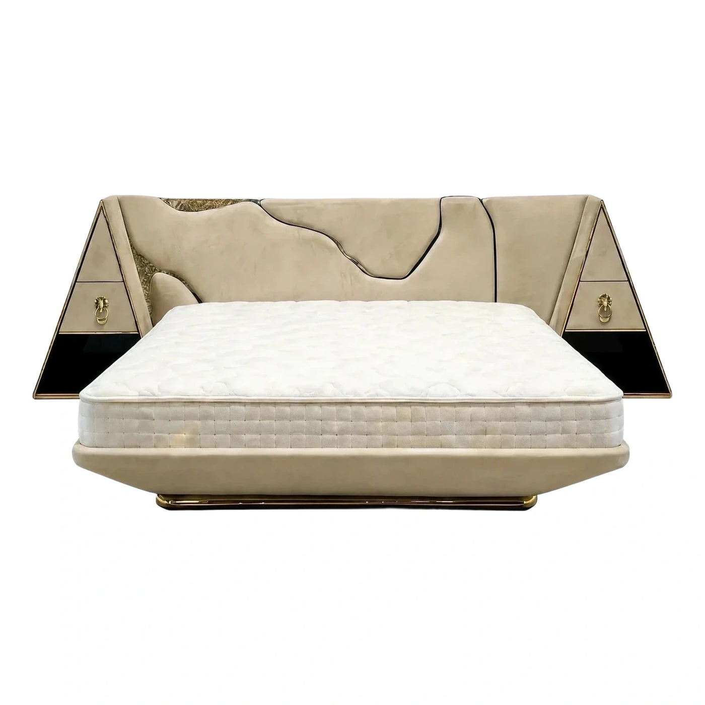Luxury Beige Leather Bed with Sculptural Headboard