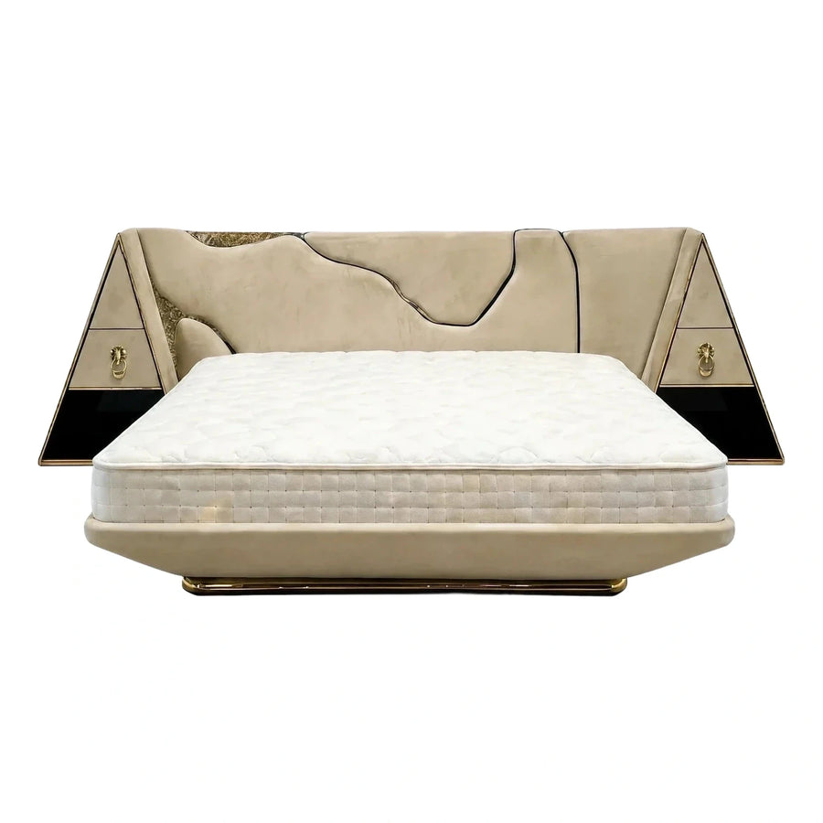Luxury Beige Leather Bed with Sculptural Headboard